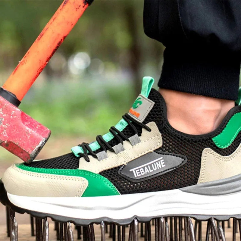 Black and green men's safety shoes with a mesh upper and plastic steel toe cap on a white background.