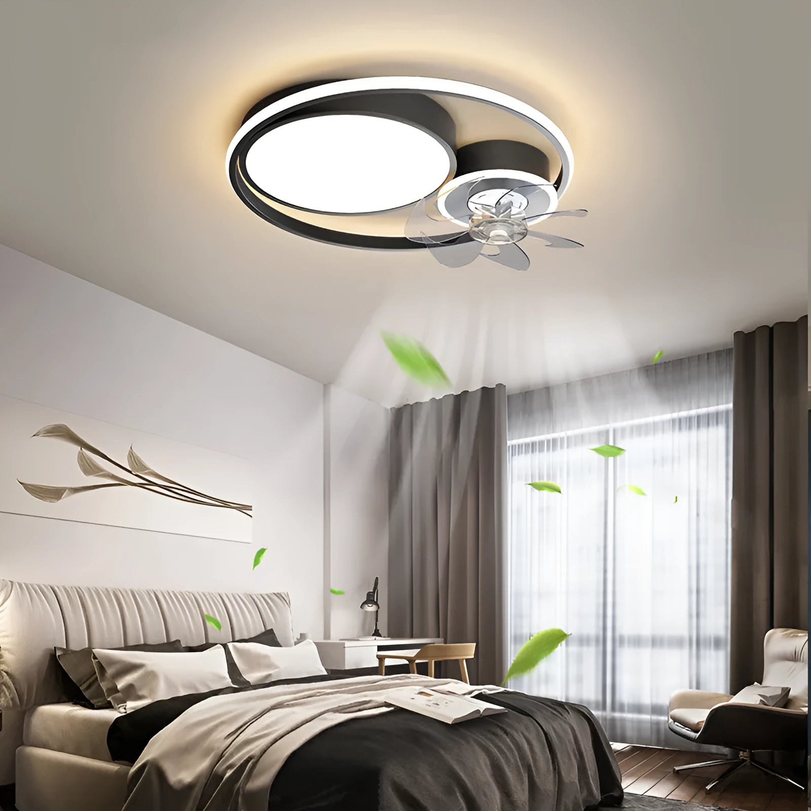 48cm ceiling fan light with acrylic lampshade and metal blades in black or gold finish