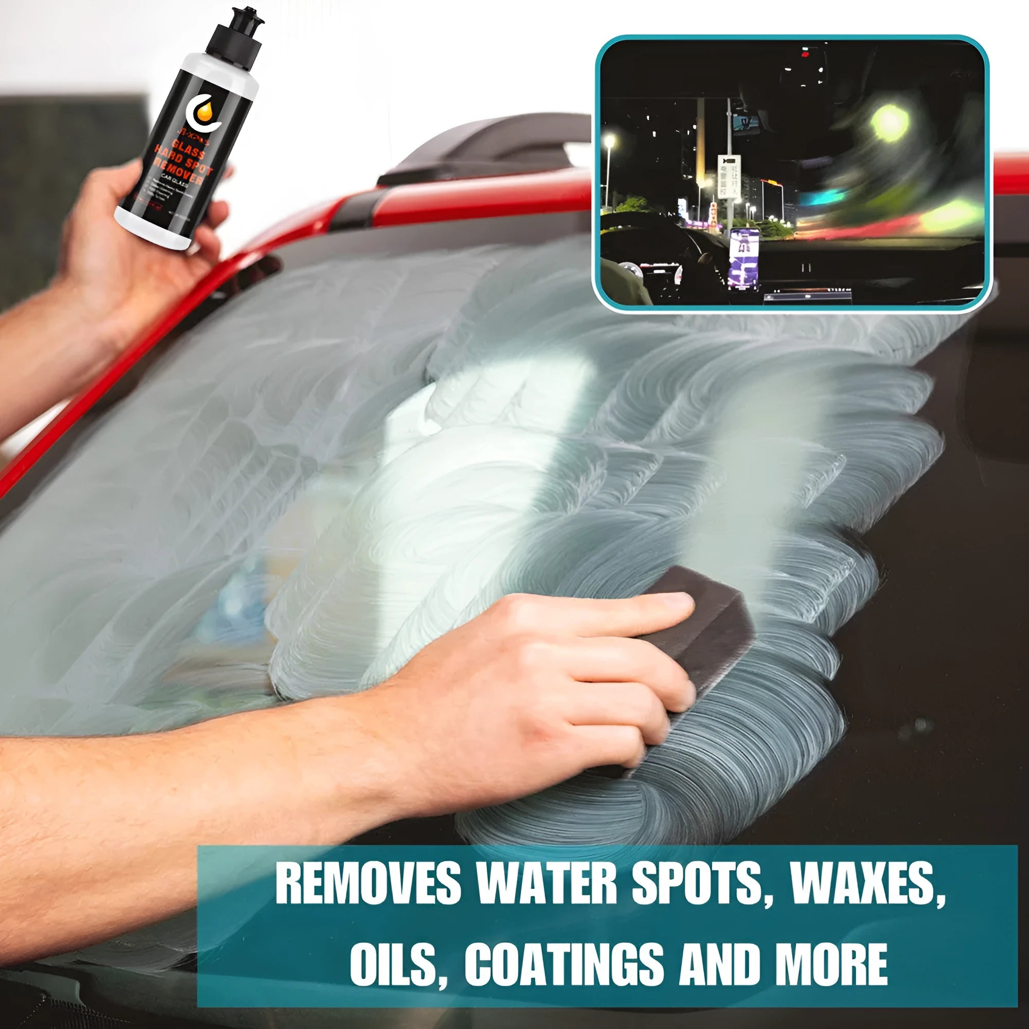 Glass oil film cleaning cream container showing paste formulation for car windows