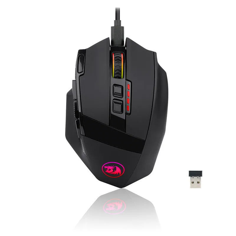 Black Redragon M801P wireless gaming mouse showing nine buttons and dual-mode connectivity options