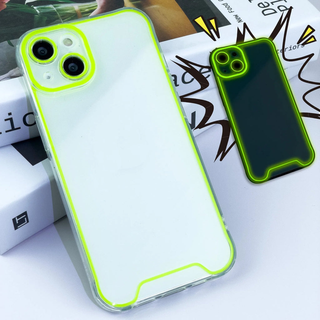 Glow in the dark Christmas soft shell phone case for iPhone in green, orange, blue, yellow, or pink.