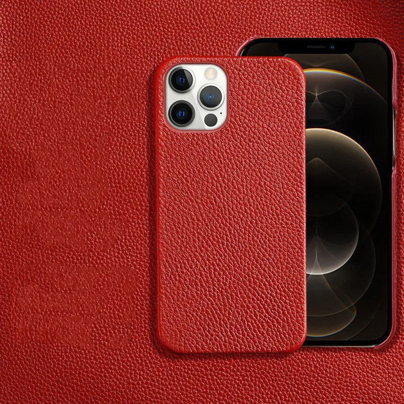 Genuine leather protective iPhone case in a simple style with half line breaks, shown in one of nine available colours.