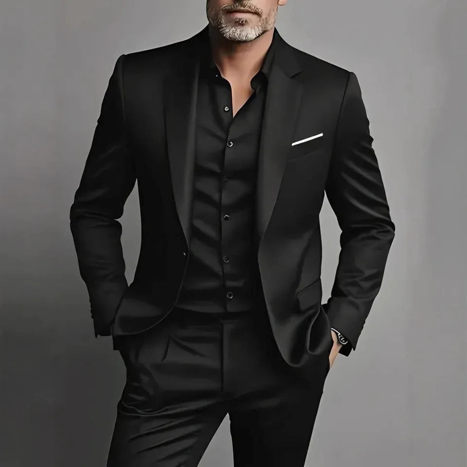 Men's slim fit cotton blend two-piece suit set in black with jacket and trousers on a hanger