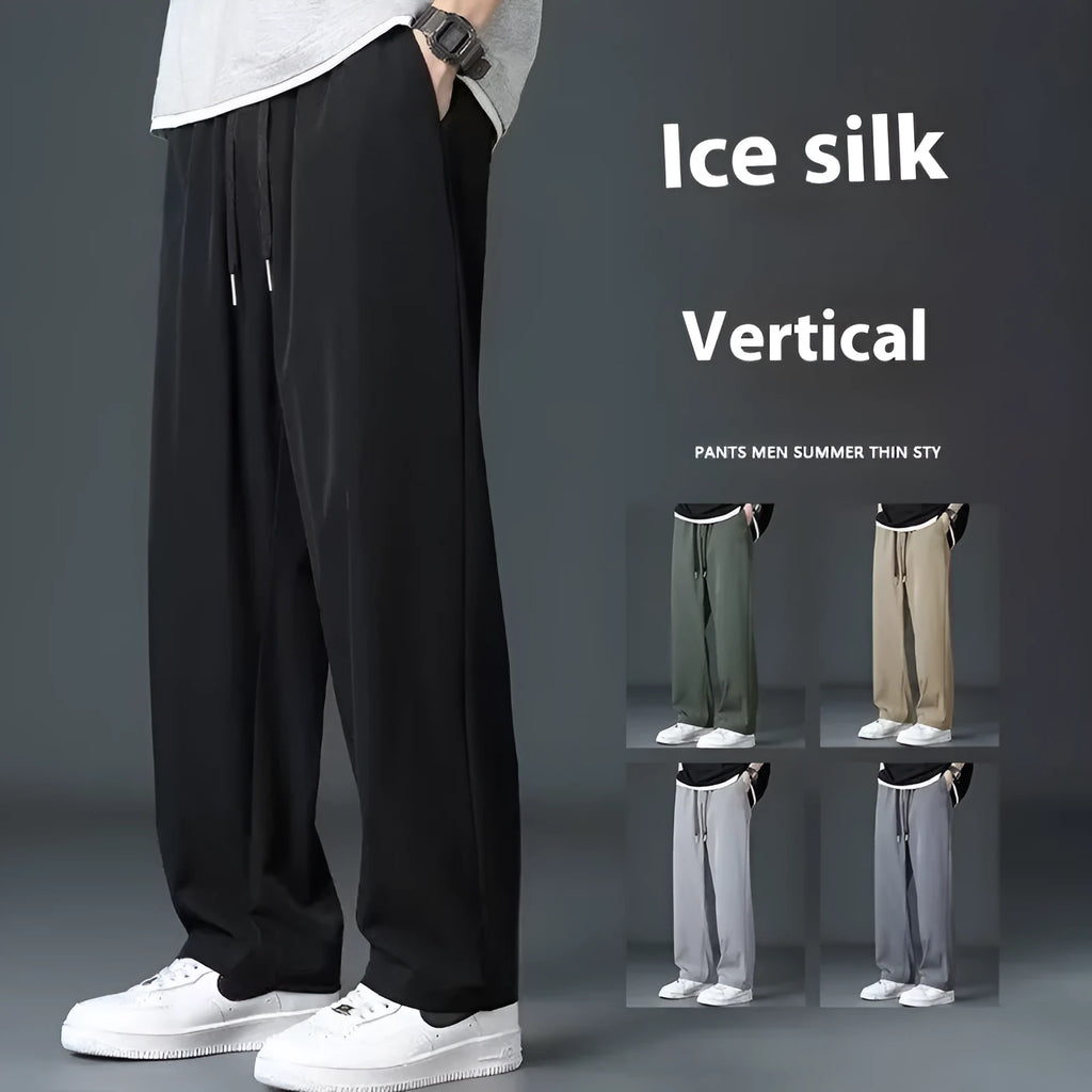 Men's ice silk summer thin high street drooping straight wide leg pants in khaki colour showing full-length relaxed fit