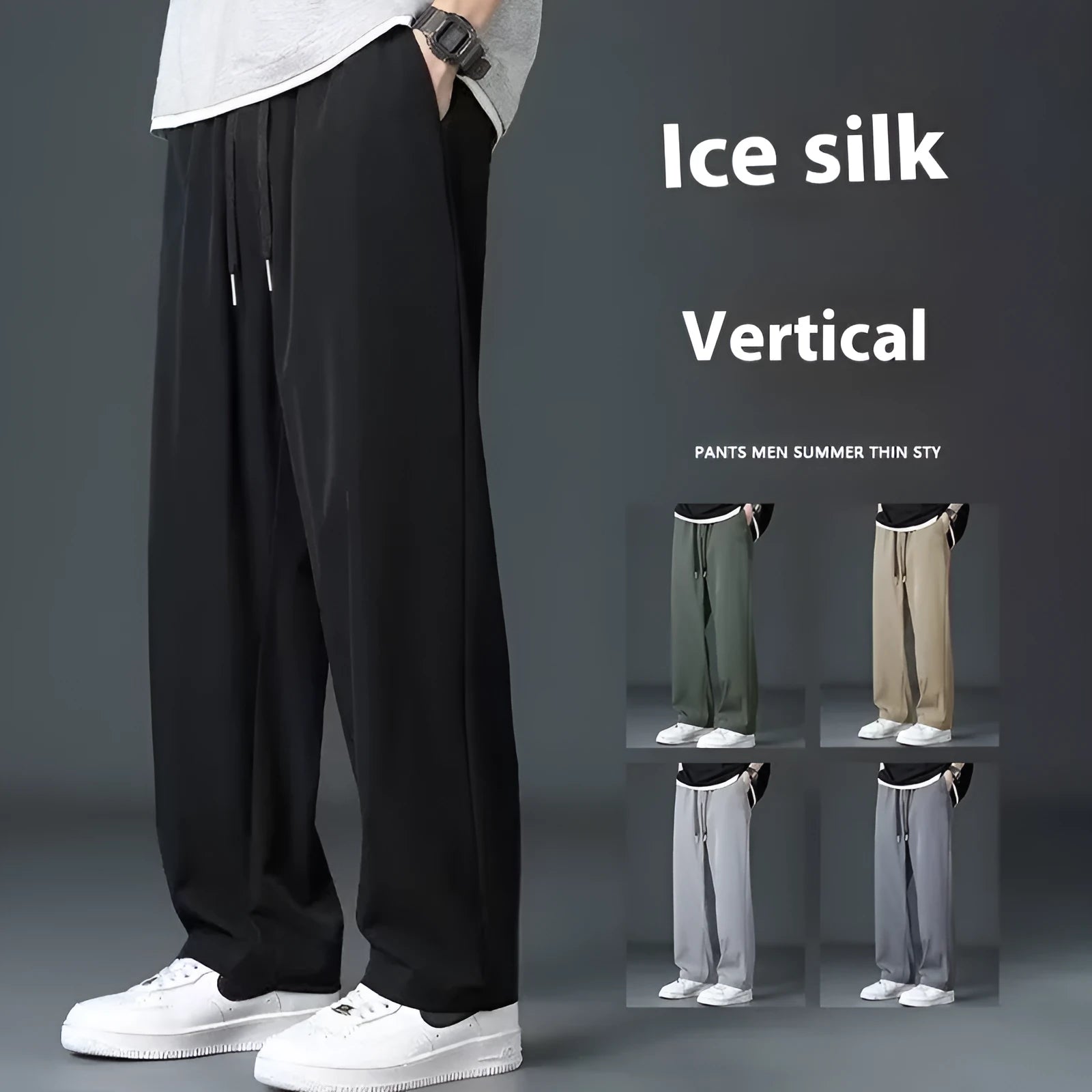 Men's ice silk summer thin high street drooping straight wide leg pants in khaki colour showing full-length relaxed fit