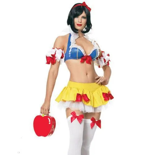 Snow White anime cosplay costume set with headdress, top, short skirt, and sleeves on a hanger.