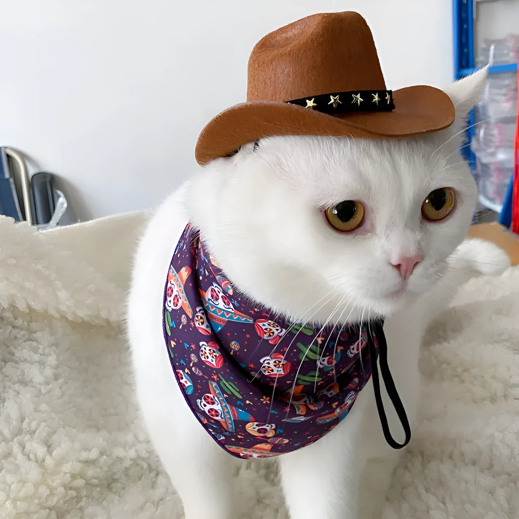 British style cowboy hat for cats in non-woven fabric with decorative ribbon trim