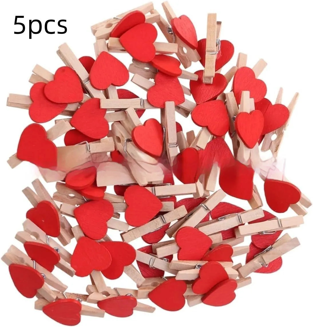 Set of five handmade solid wood heart-shaped clips in red, pink, white, and yellow on a wooden surface.