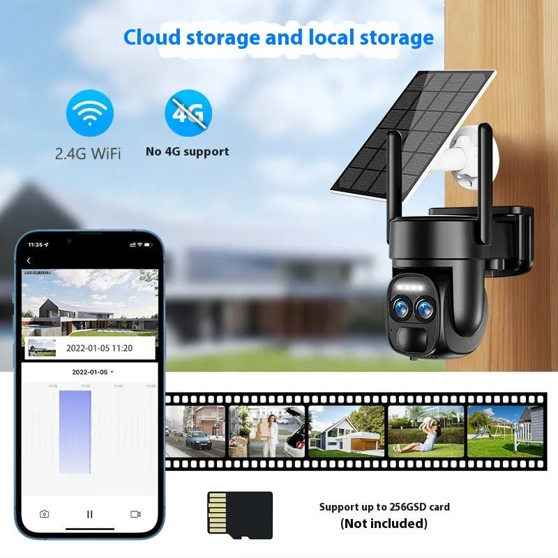 Solar-powered surveillance camera with 8x zoom lens and full colour night vision capability