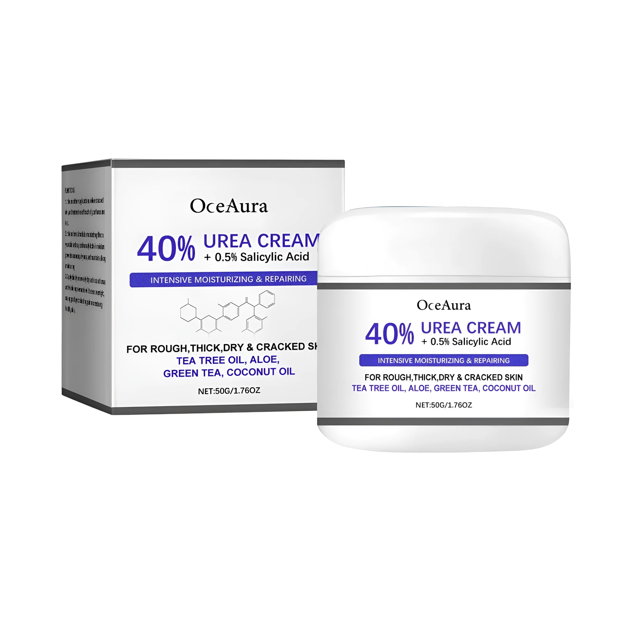 50g jar of anti-cracking hand and foot cream with ingredients list including urea and salicylic acid.