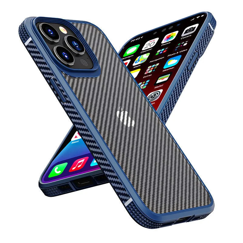 Black and blue anti-fall TPU+PC phone cases for iPhone 13 series with carbon fibre pattern.