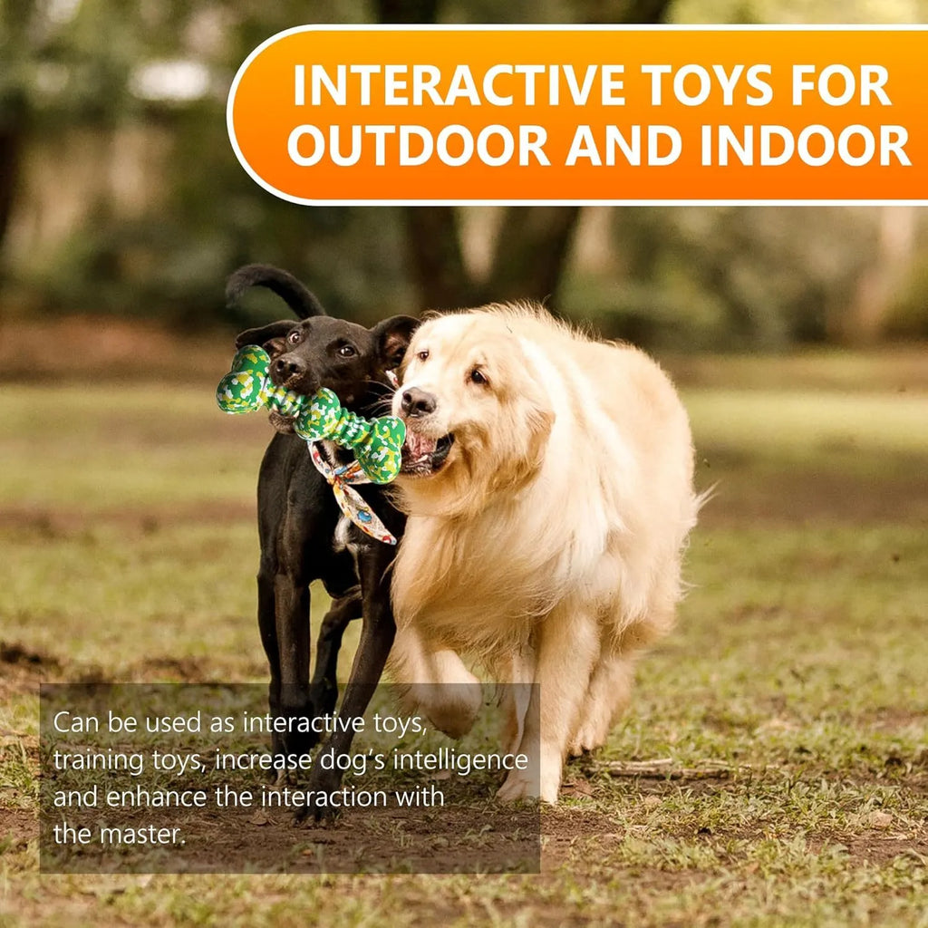 Large camouflage patterned natural rubber bone chew toy for dogs on a plain background.