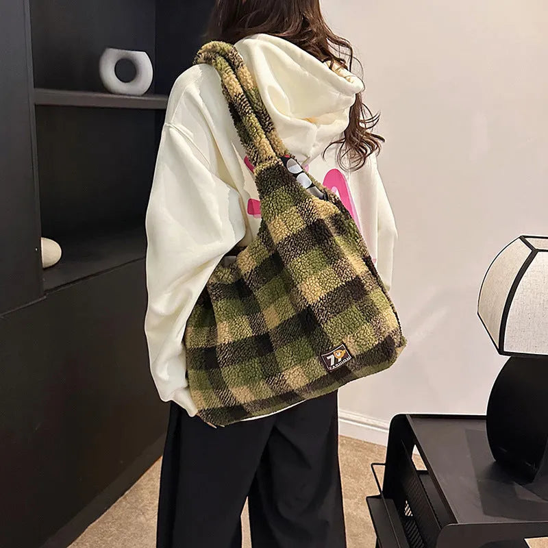 Women's soft plush plaid crossbody tote bag in Army Green showing large capacity and strap-free design.