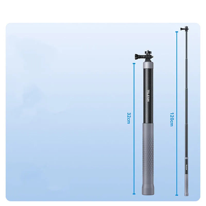 Extendable carbon fibre selfie stick collapsed to 32cm and extended to 120cm showing aluminium alloy shaft and silica gel handle for GoPro Insta360