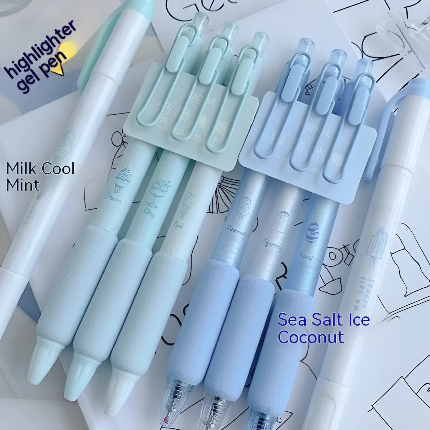 Double-headed fluorescent pen set with 0.5mm plastic heads in cheese mint and sea salt ice cup colours