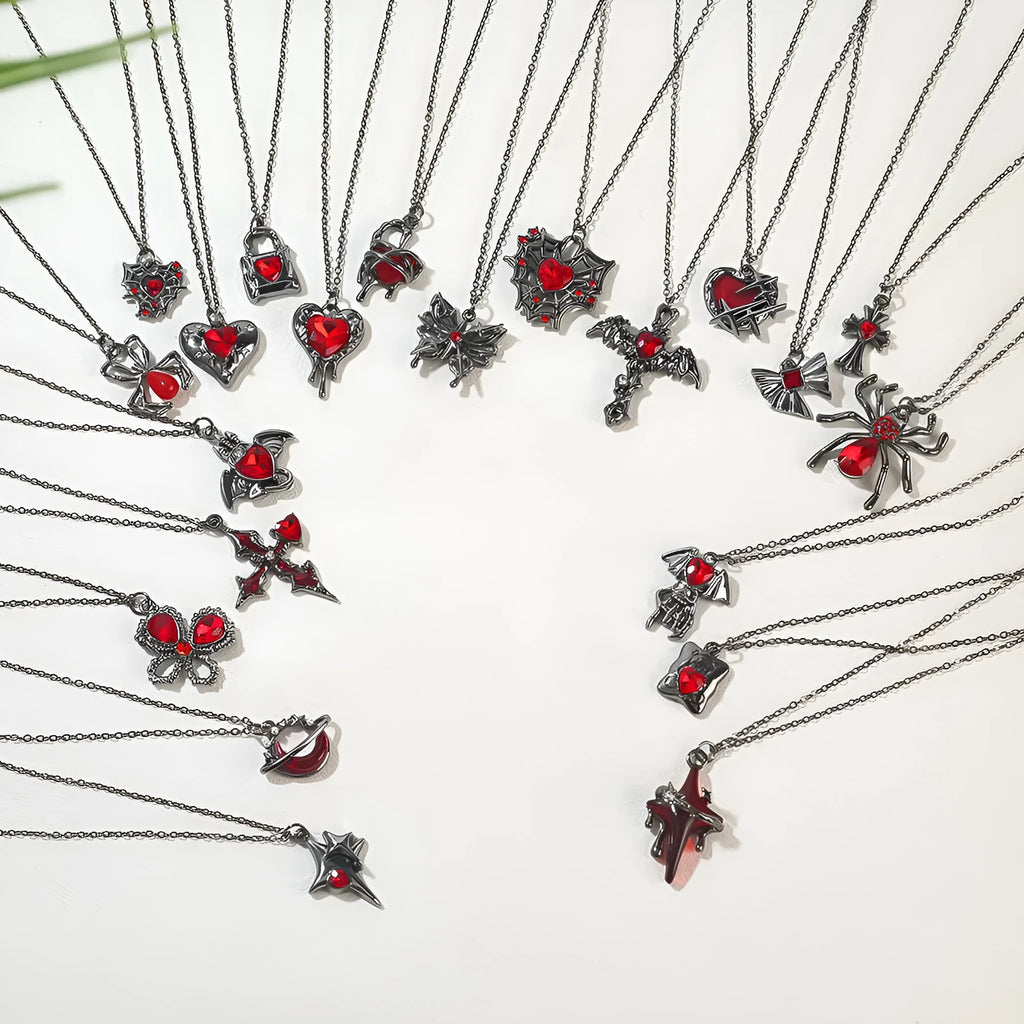 Dark electroplated zinc alloy Halloween necklace with spider bat skull wing pendant options on a regular chain.