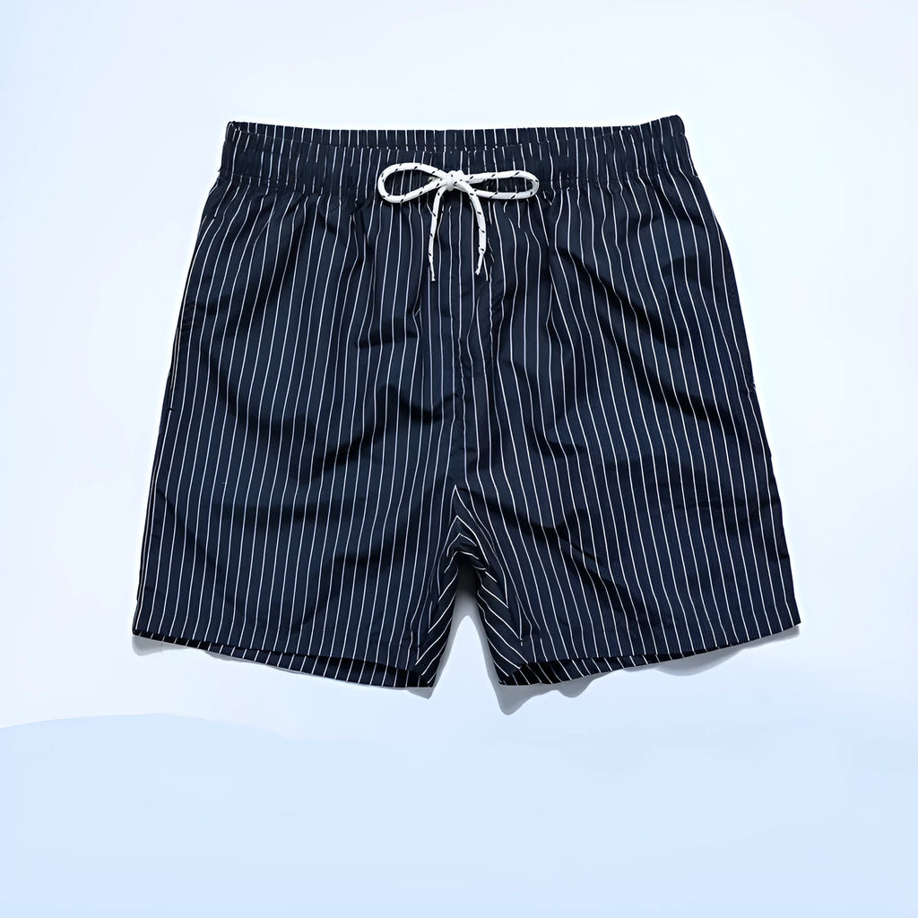 Men's navy blue polyester casual shorts with a visible striped triangle lining inside.