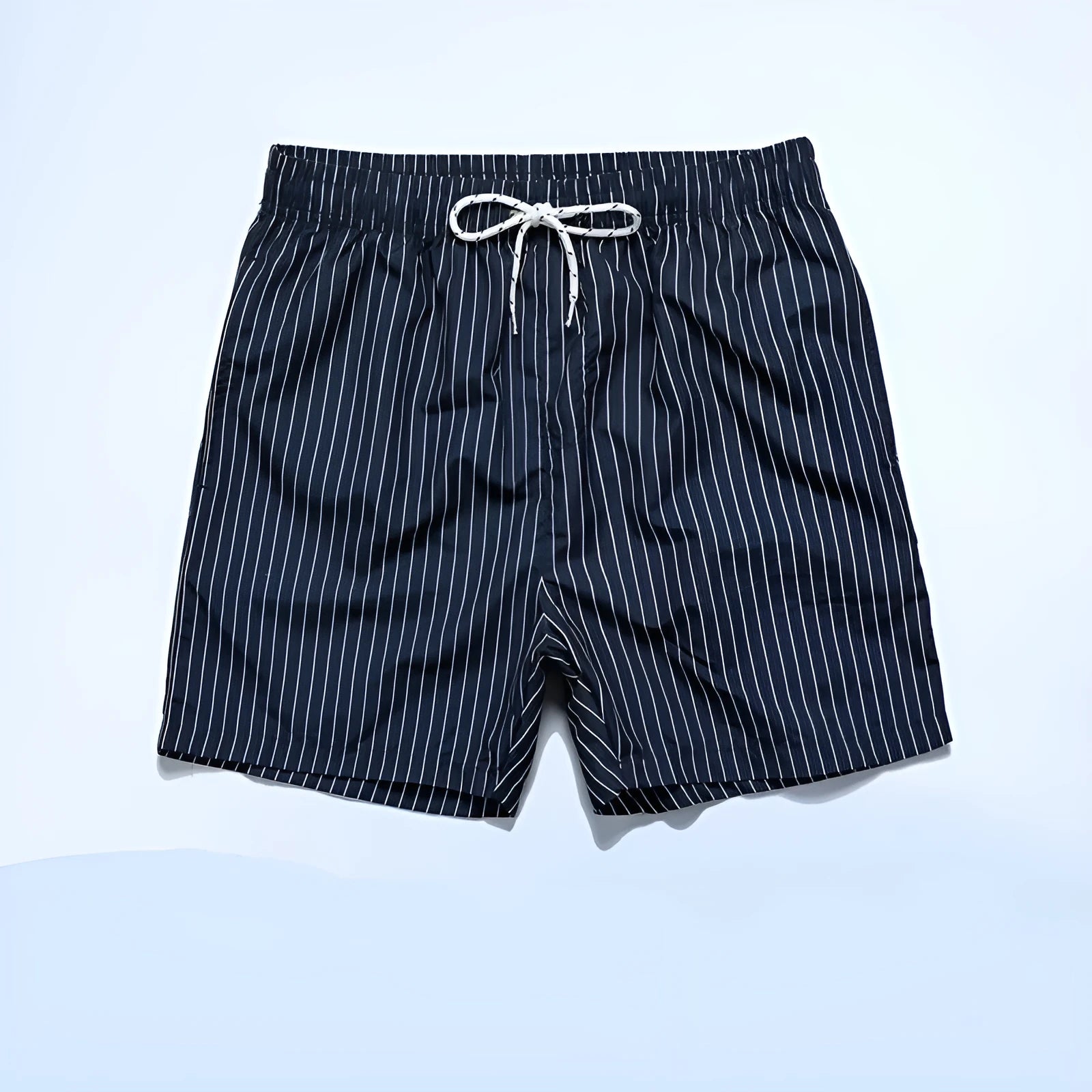 Men's navy blue polyester casual shorts with a visible striped triangle lining inside.