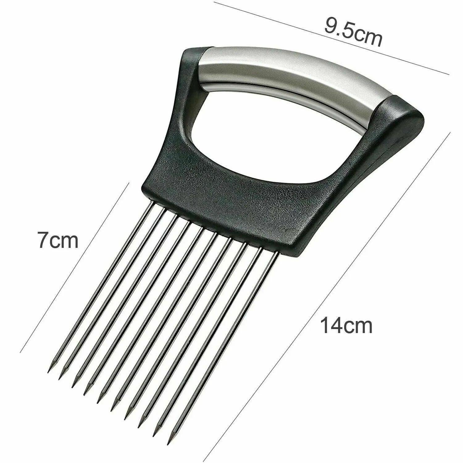 Stainless steel and ABS food slice assistant for onions and tomatoes on a kitchen worktop.