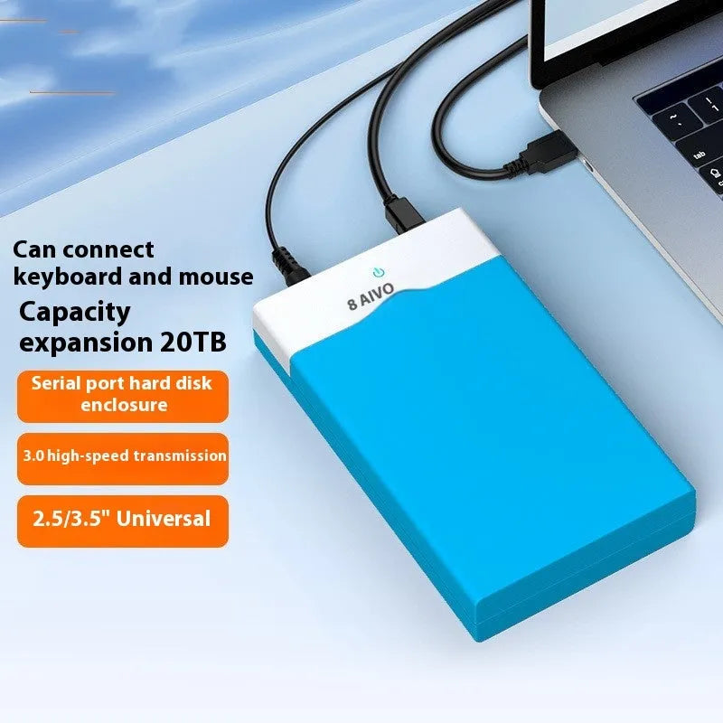 3.5 inch SATA to USB 3.0 hard disk enclosure in black and silver colour with power supply and data cable.