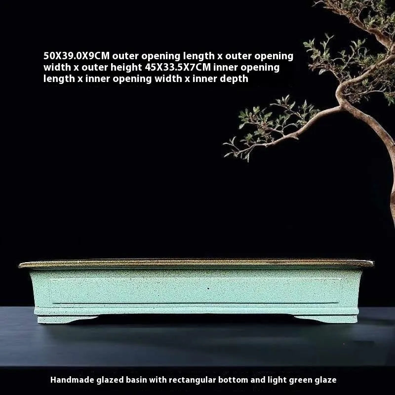 Green handmade ceramic flower pot with purple sand crackled glaze for bonsai display