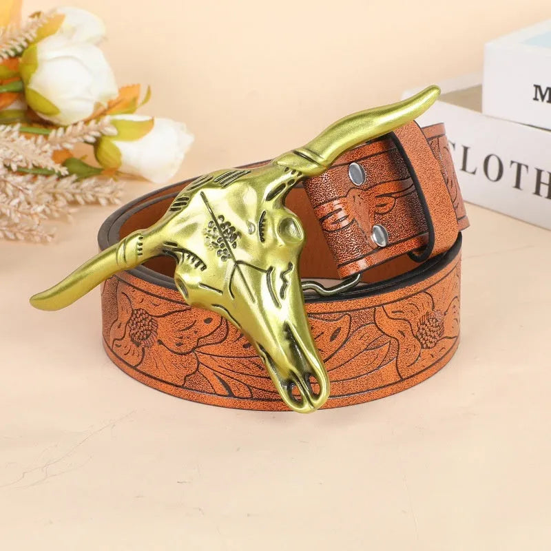 Men's brown imitation leather belt with decorative alloy cow head buckle and pin fastening
