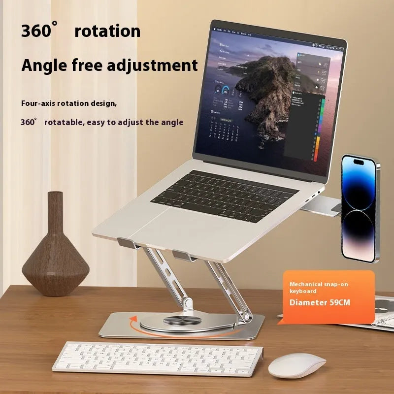 Silver carbon steel laptop stand with a rotatable magnetic phone holder attached to the side.