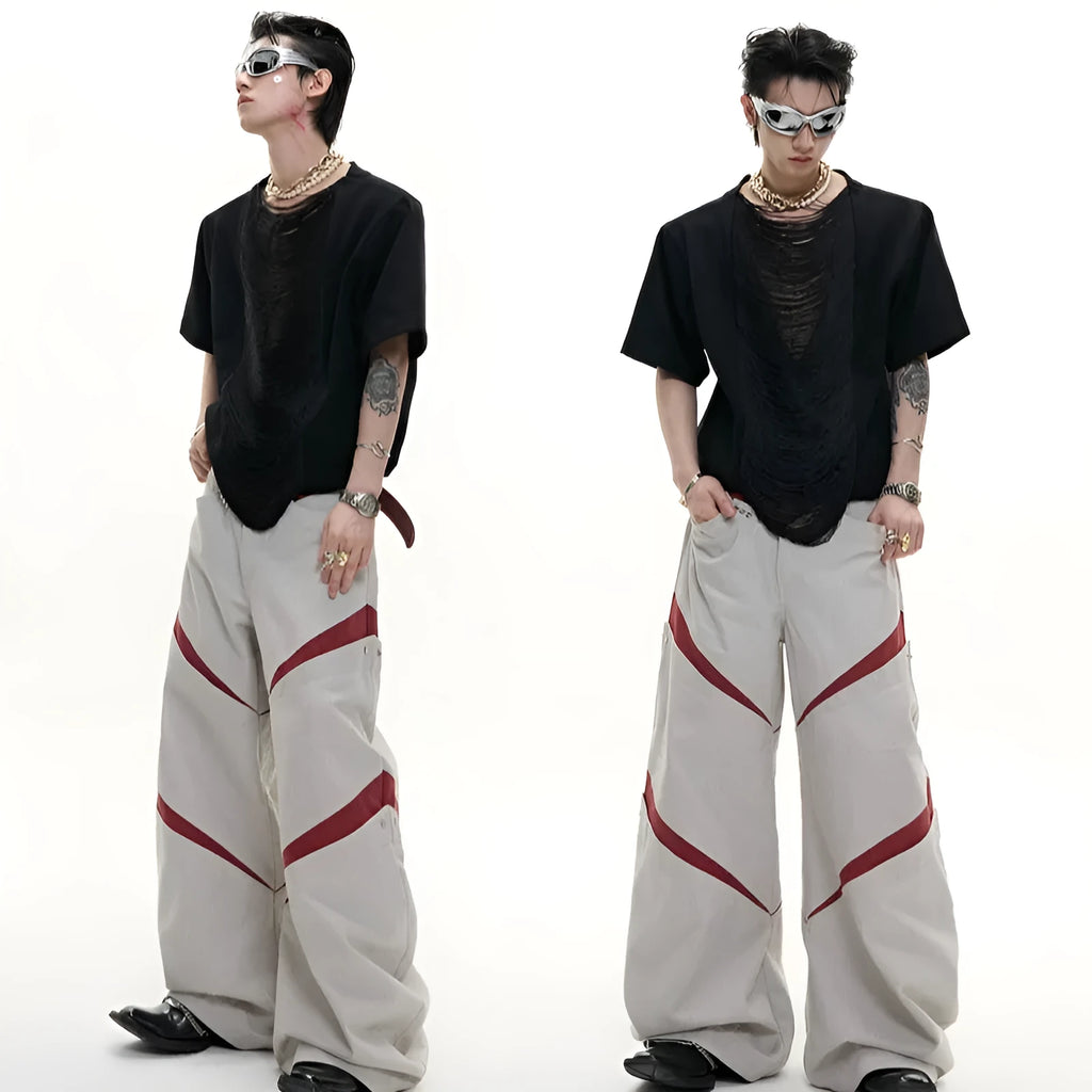Men's black polyester T-shirt with hollow out V-neck and tassel details in loose fit style
