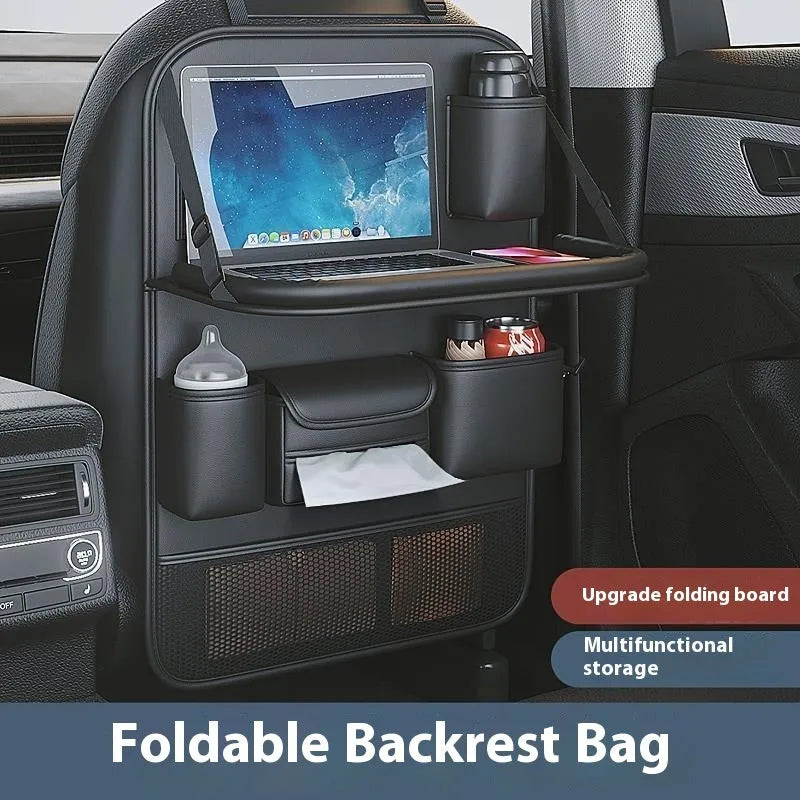 Black leather car seat back storage rack with handle, suspended on a car seat