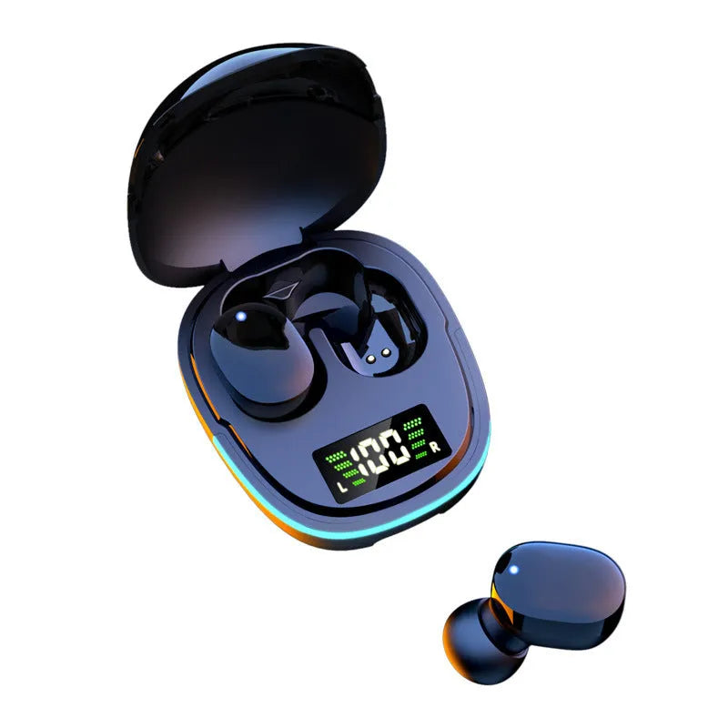 Black true wireless stereo Bluetooth in-ear headphones with charging case on display