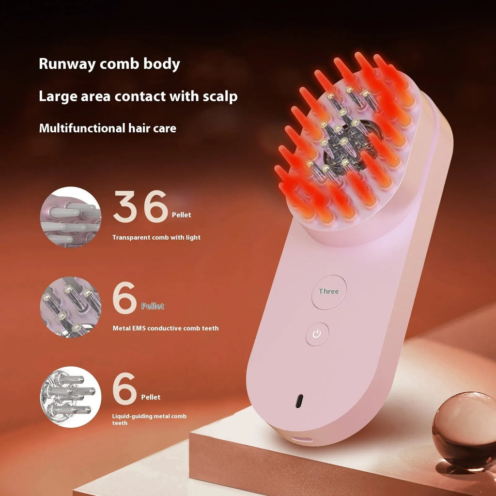 Pink and black smart massage comb for scalp care with red light therapy, less than 10cm long