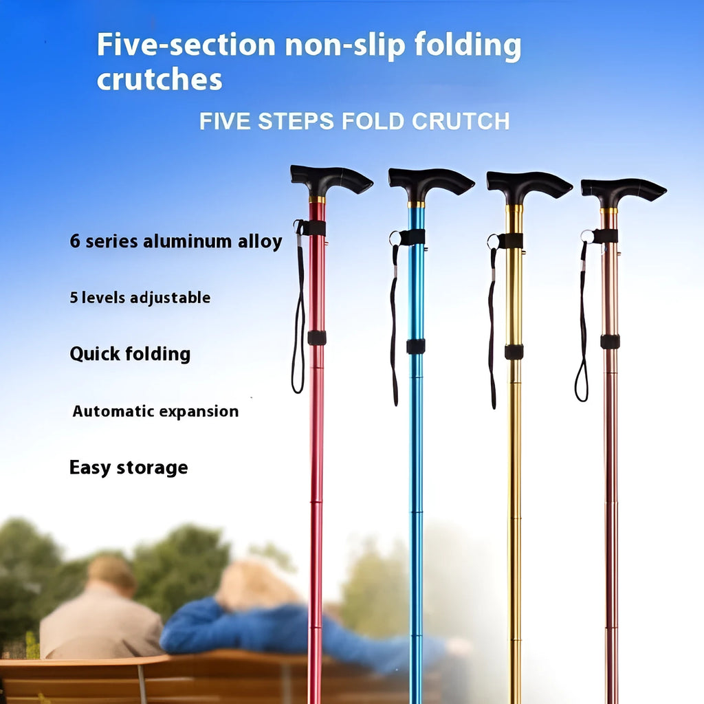 Adjustable aluminium folding walking cane in silver extended to show length, with non-slip handle.