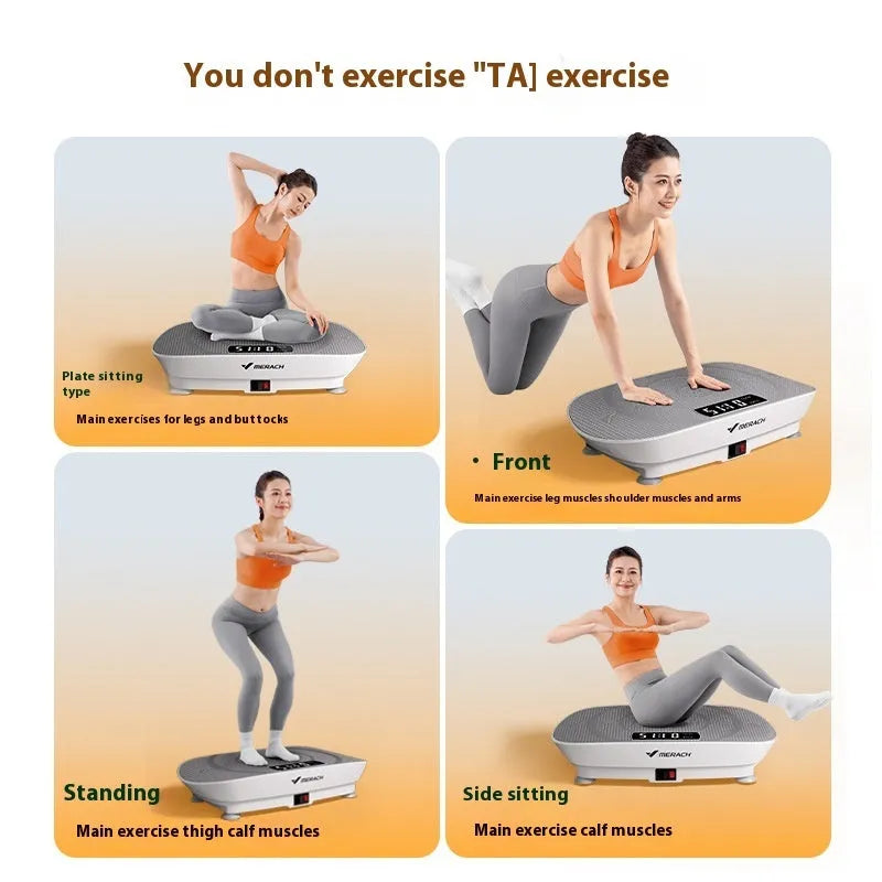 Grey portable smart power plate on floor, showing compact 58cm length and Bluetooth connectivity for home fitness.