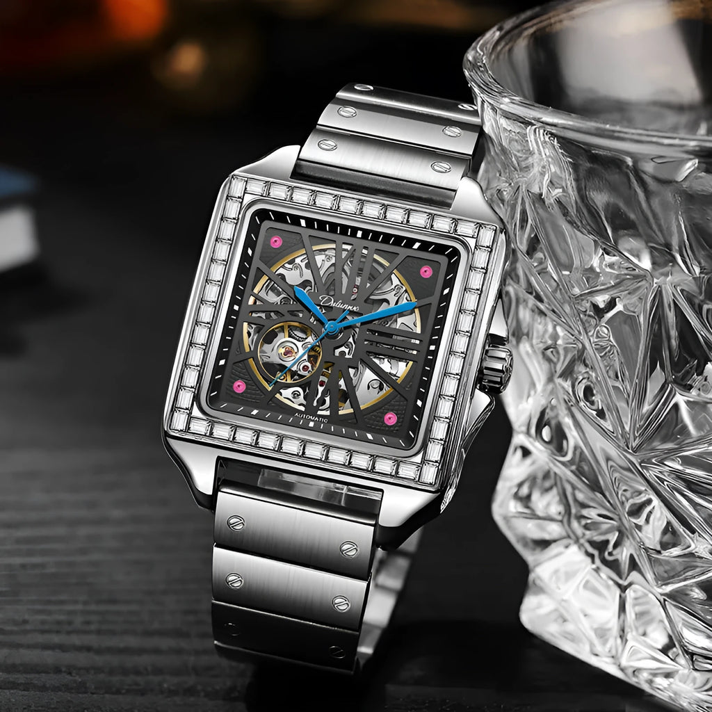 Square diamond-studded automatic watch for men with business style design