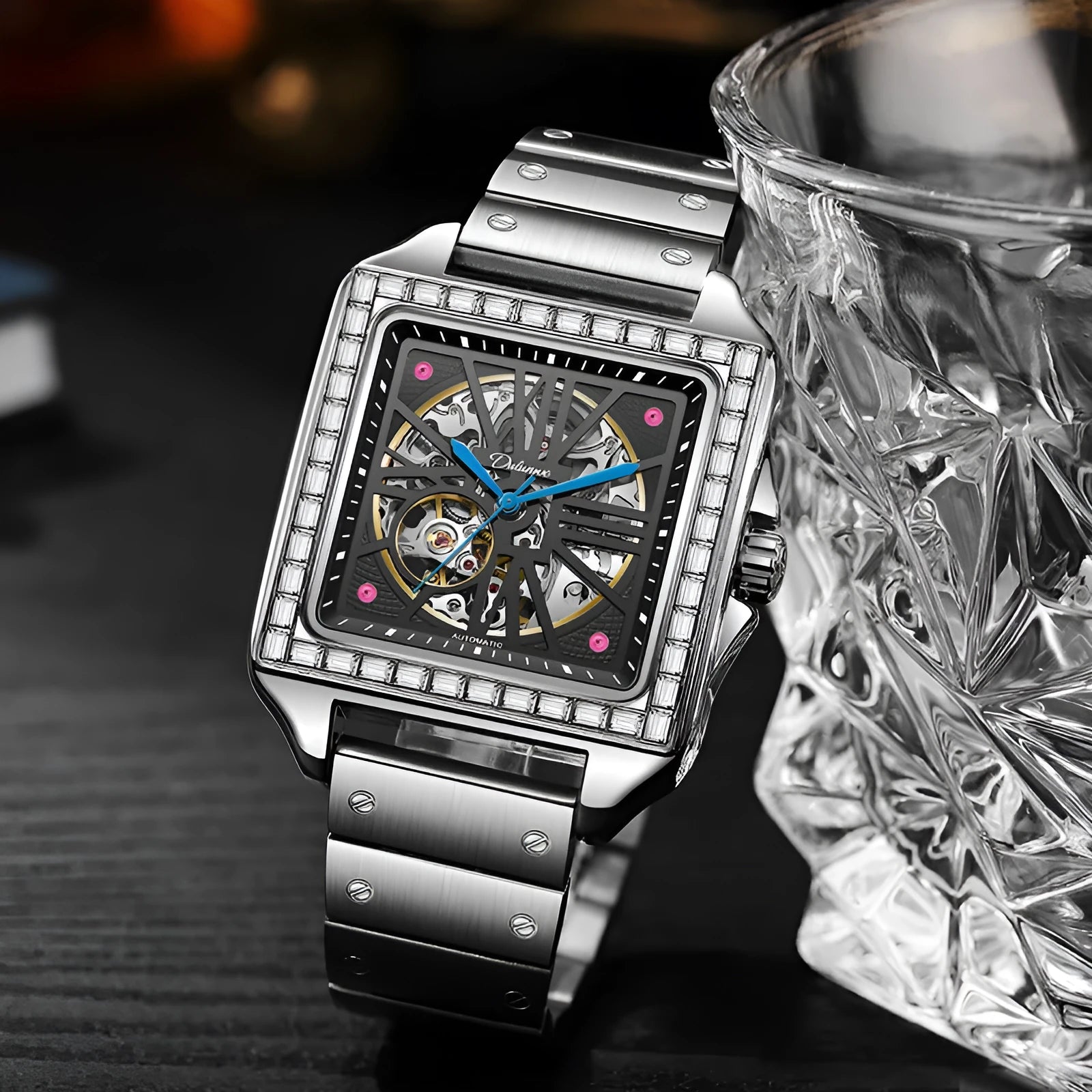 Square diamond-studded automatic watch for men with business style design