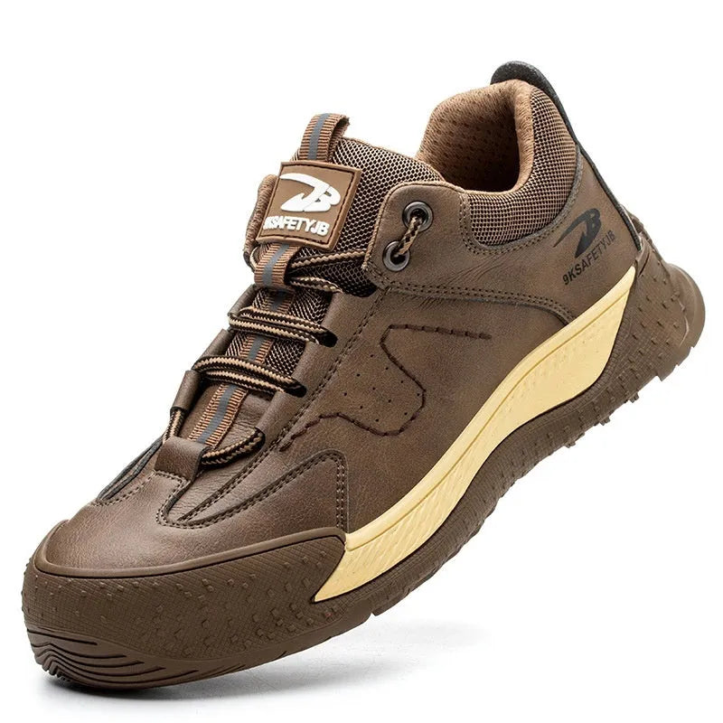 Leather upper work shoes with rubber sole and flyknit detailing, shown in available colours.