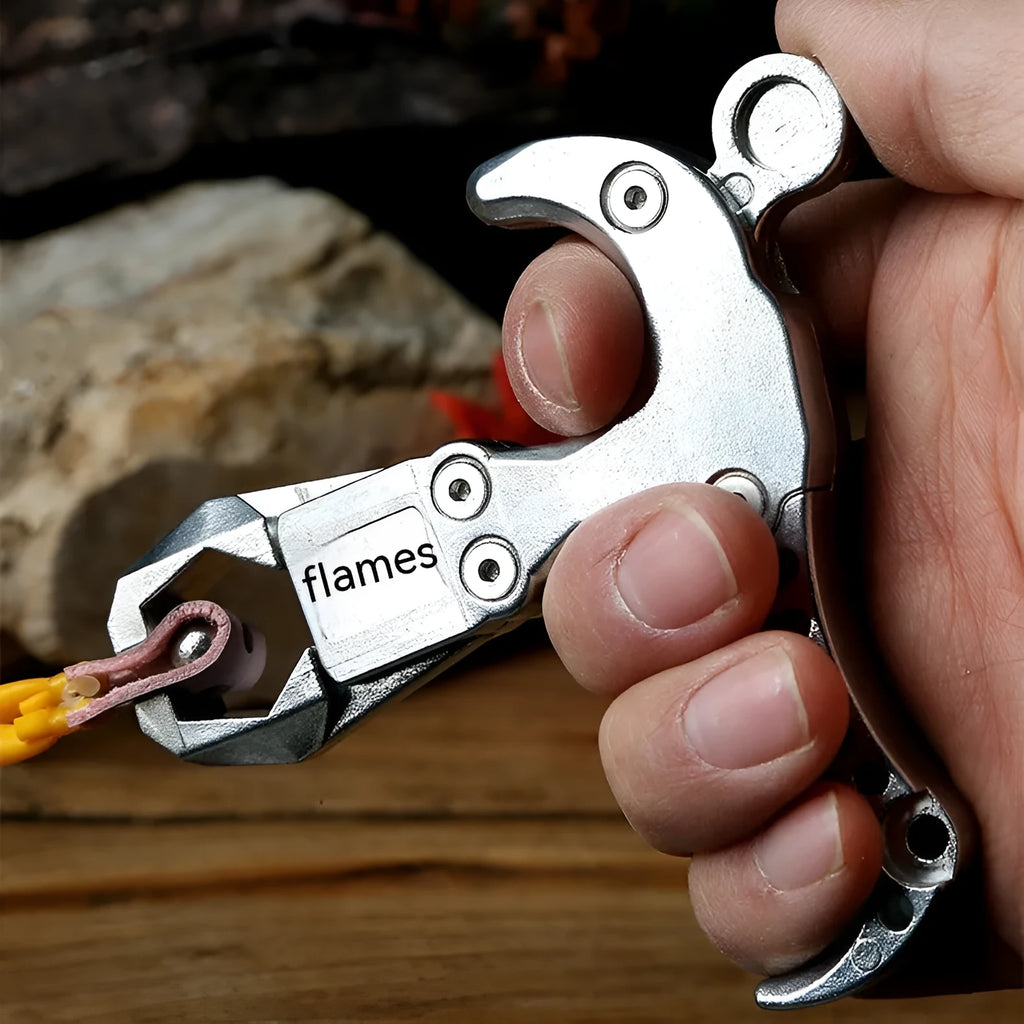 Zinc alloy archery release aid showing two-axis harpoon clip mechanism.