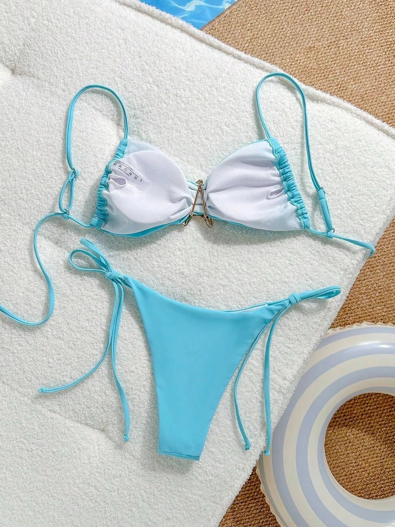 XINGX women's split bikini set in sky blue nylon with backless brief for swimming wading