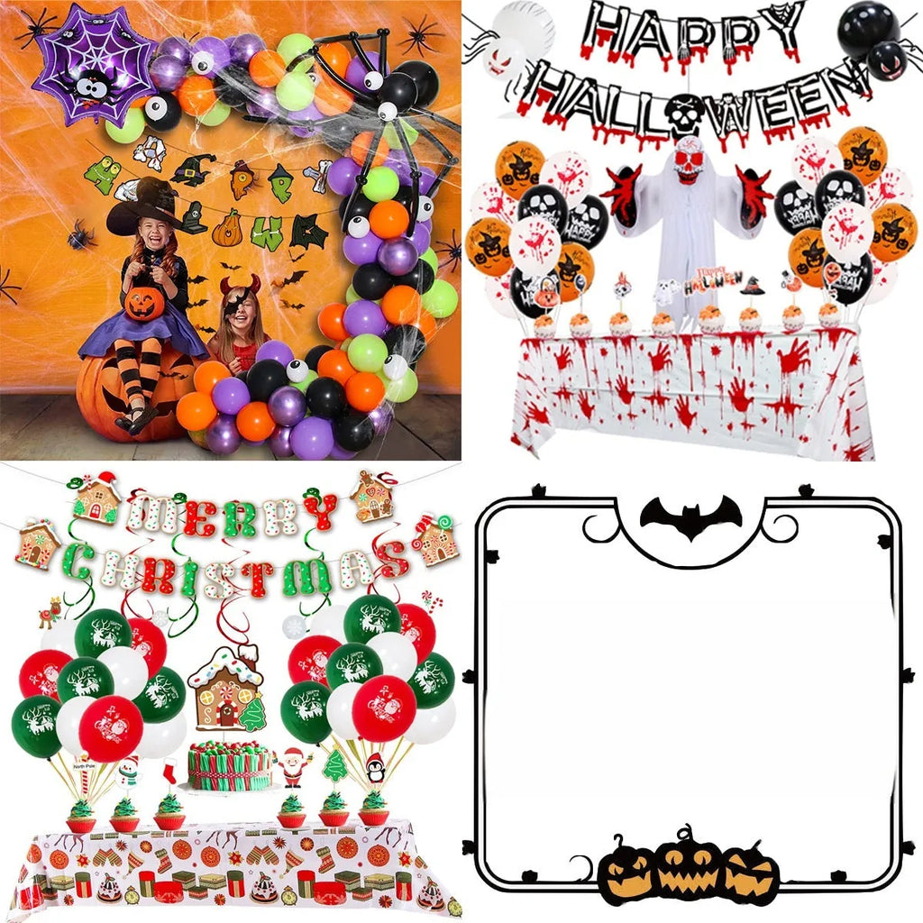 Halloween balloon decoration kit with spider arch, skull and pumpkin designs in white and black colours