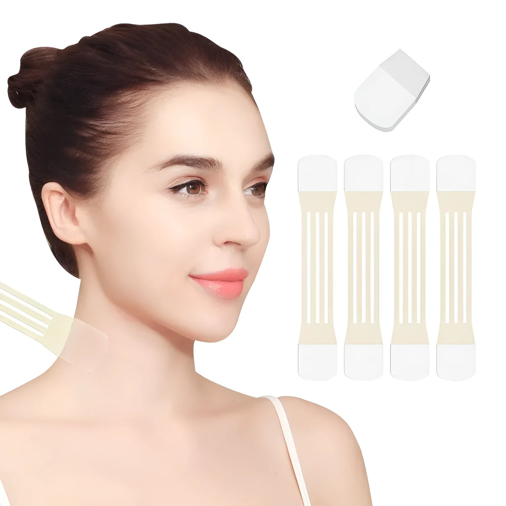 V27 neck pattern adhesive firming tape set in skin tone with four pieces and twenty patches.