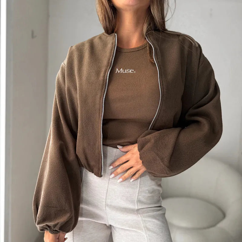 Milky White women's off-shoulder jacket with round neck and long lantern sleeves, loose casual fit.