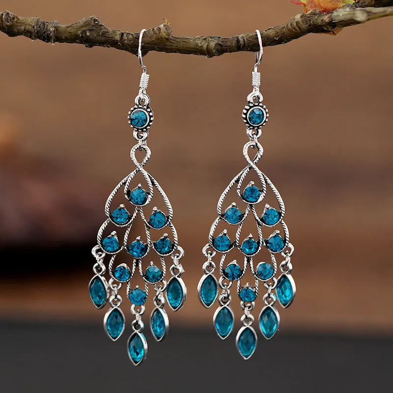 Purple retro crystal fringe drop earrings with ethnic style elements