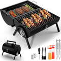 Small folding desktop barbecue smoking device with charcoal stove and grill.