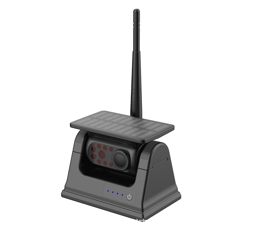 Solar-powered wireless reversing camera with magnetic mount, shown in black.