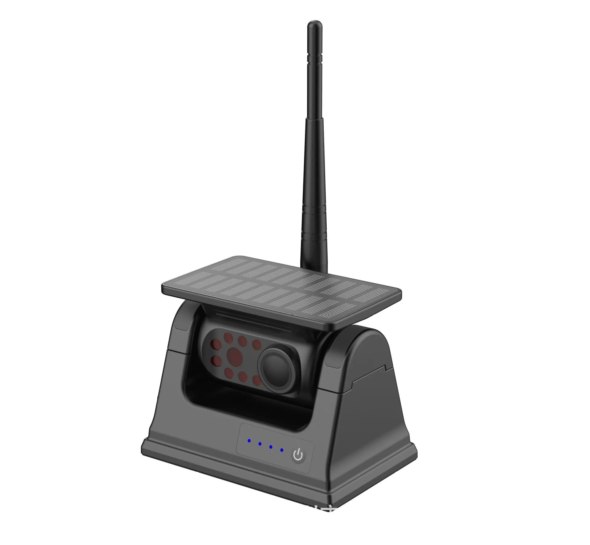 Solar-powered wireless reversing camera with magnetic mount, shown in black.