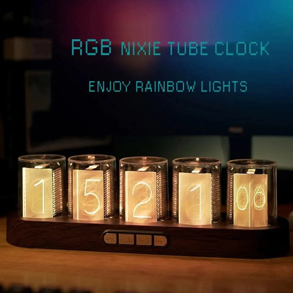 RGB Luminotron LED digital clock showing colourful display on desktop