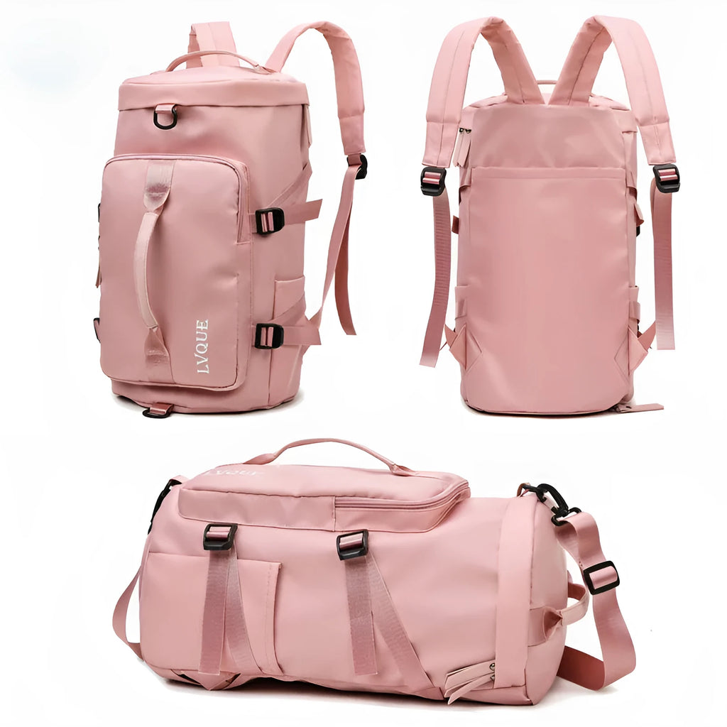 Waterproof nylon gym backpack showing shoe compartment, combination lock and multiple zippered pockets