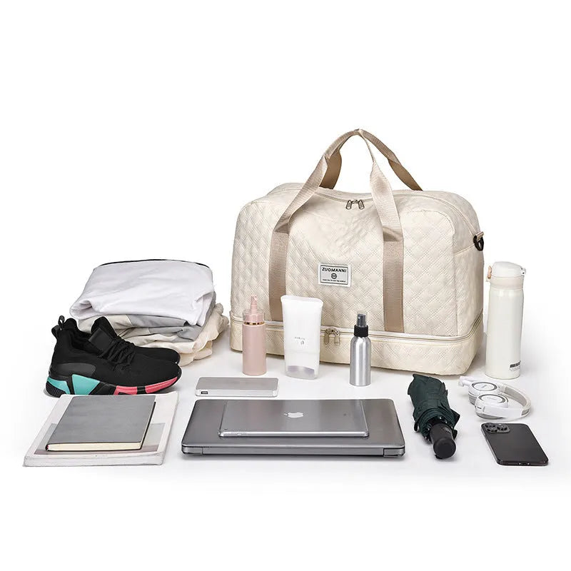 Large Oxford cloth leisure travel bag in a solid colour with a 36-55L capacity and breathable lining.