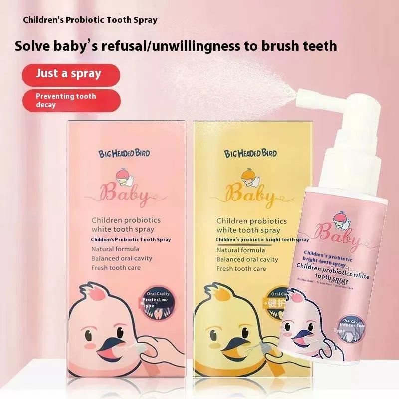 Children's probiotic teeth cleaning spray bottle in strawberry and orange flavours