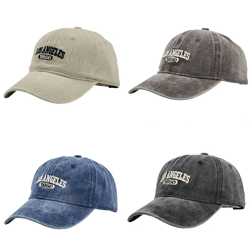 Retro personalised adjustable peaked cap showing distressed letters embroidery on conical crown